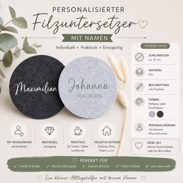 Alternative view of Personalisierter Filzuntersetzer mit Namen – individueller Getränkeuntersetzer