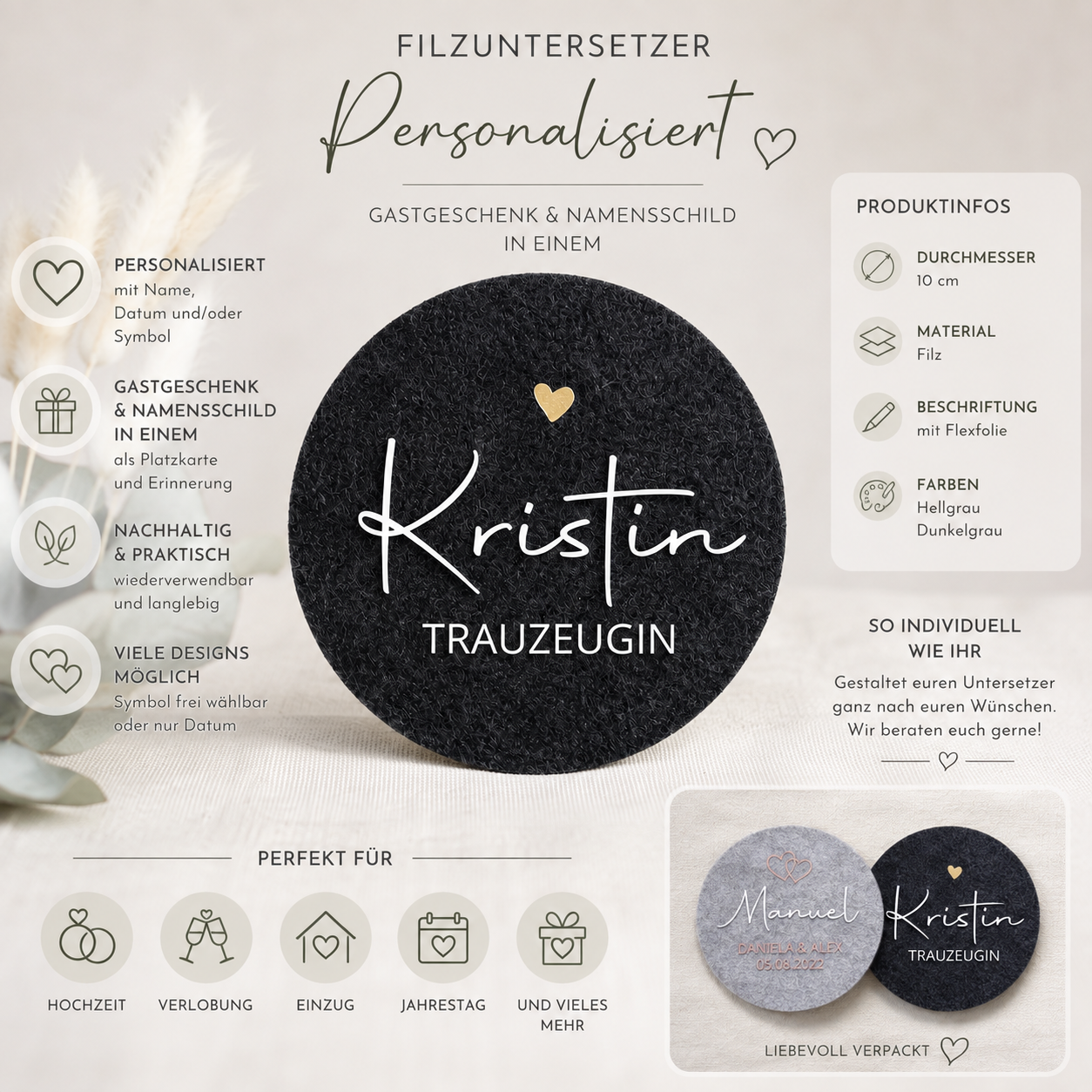 Personalisierte Filzuntersetzer mit Namen – Gastgeschenk & Namensschild zur Hochzeit 'hellgrau' – Bild 3