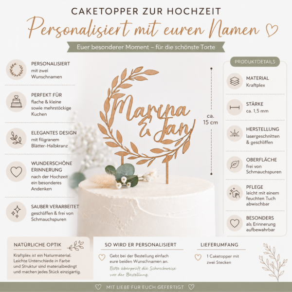 Alternative view of Caketopper Hochzeit personalisiert – zwei Namen mit Blätter-Halbkranz