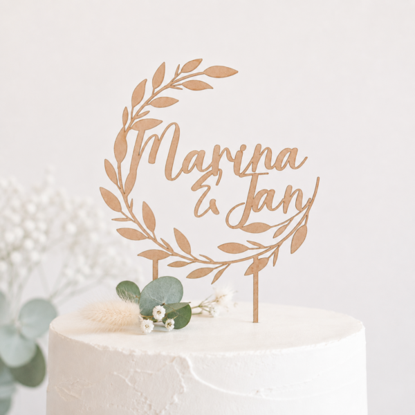 Caketopper Hochzeit personalisiert – zwei Namen mit Blätter-Halbkranz