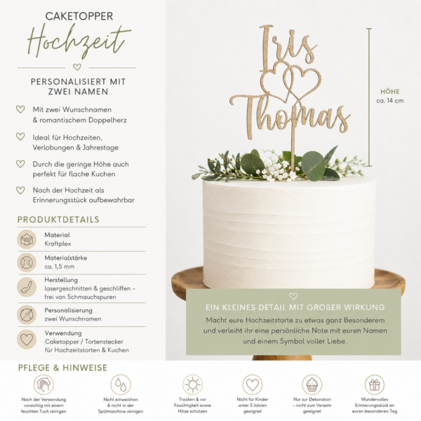 Alternative view of Personalisierter Caketopper Hochzeit mit Namen & Herz – Tortenstecker aus Kraftplex