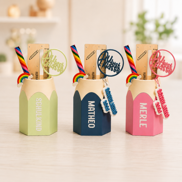 Personalisiertes Einschulung Geschenk – 6-teiliges Schulkind Set mit Stiftebox